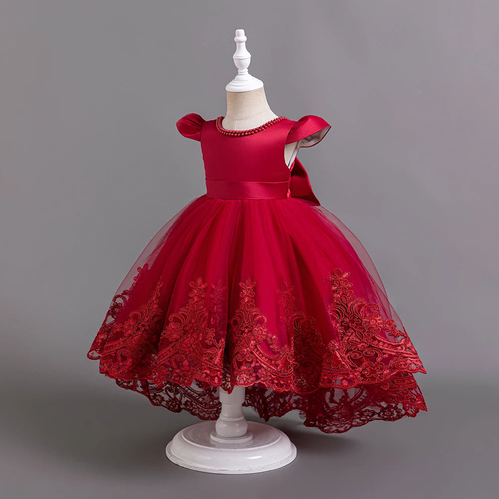 Hetiso Girls Flower Embroidery Party Dresses Kids Summer Formal Holiday Birthday Gown Kids Trailing Evening Princess Clothes 1-6