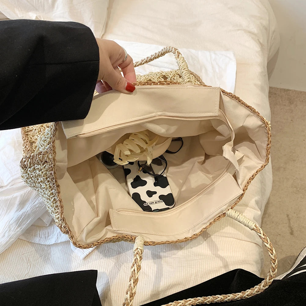 Summer Straw Bags for Women Straw Shoulder Bags Rattan Woven Boho Wicker Beach Tote Handbags Hollow Out Tassel Handle Bag Bolsas