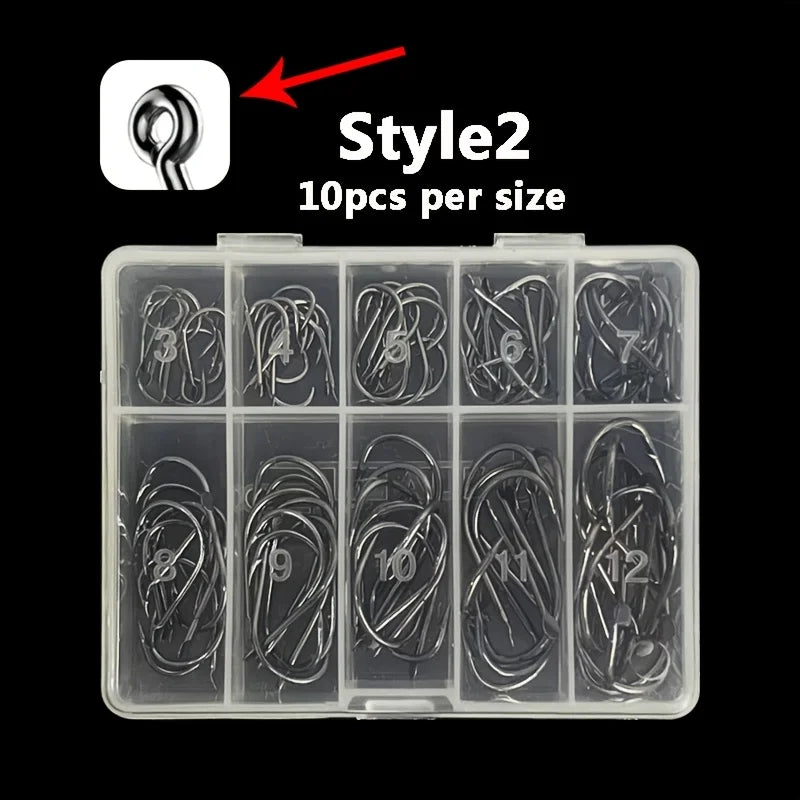 100pcs Boxed Fish Hooks 3-12# Barbed with Holes Black Fish Hooks