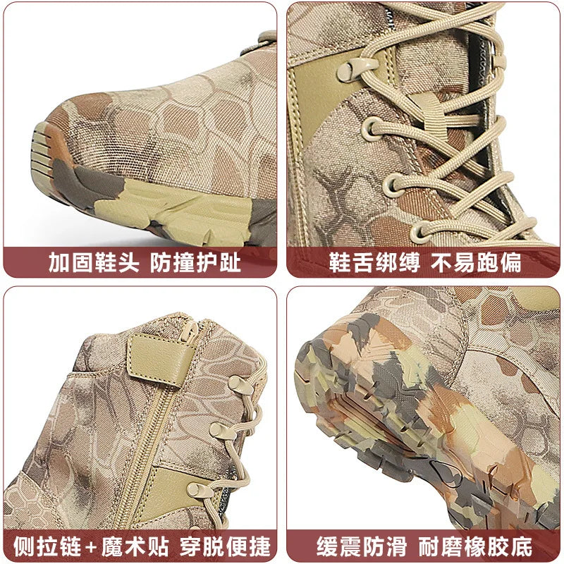 Hunting Boots Men's High Top Camouflage Breathable Tactical Shoes Outdoor Hiking Wear-Resistant Waterproof Mountaineering Boots