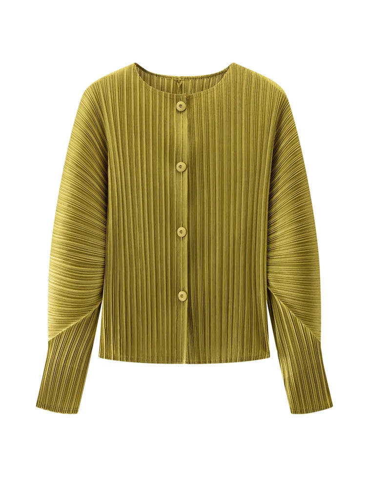 Miyake Pleated Solid Color Round Neck Cardigan Short Jacket for Women Long Sleeve Spring 2025 New Fashionable Age-reducing Top
