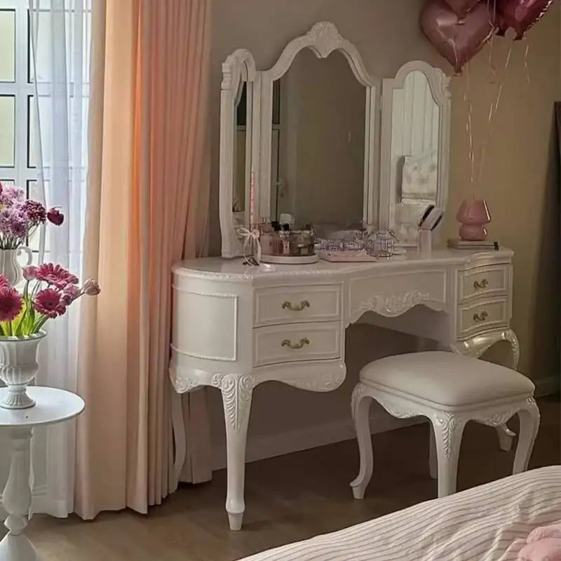 Wooden Luxury Vanity Table Dest European Hidden Glass Modern Dressing Table White Saving Makeup Tafel Furnitures For Bedroom