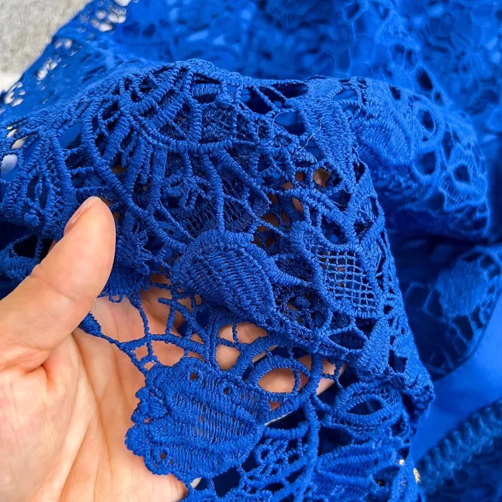 Summer Blue Lace Dress Women Hook Flower Hollow Golden Button Bodycon Vintage Clothing Square Neck Street Vestido Party