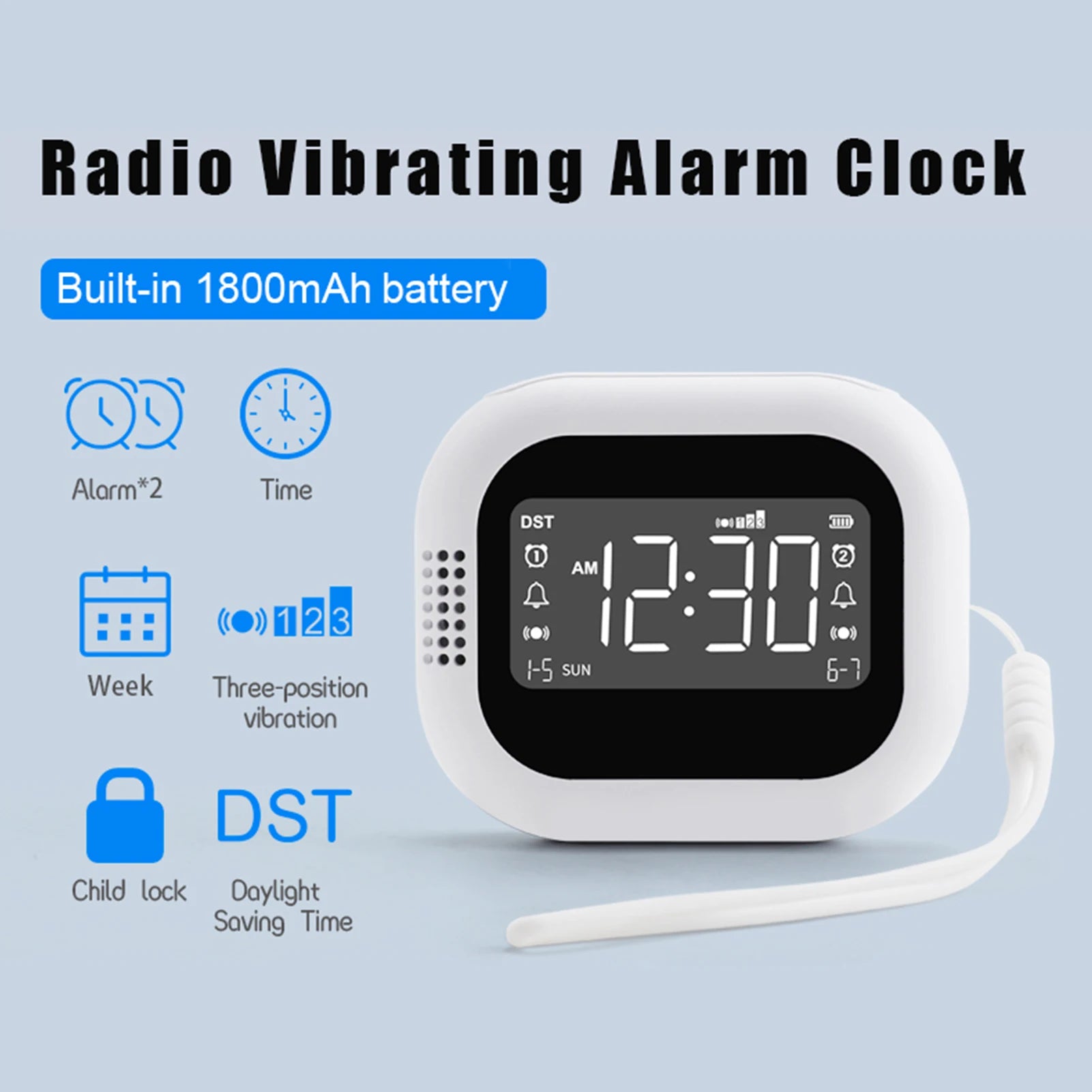 Vibrating Alarm Clock with FM Radio and Rechargeable 1800mAh Battery for Heavy Sleepers, Elderly Dorm Room Hearing Impaired