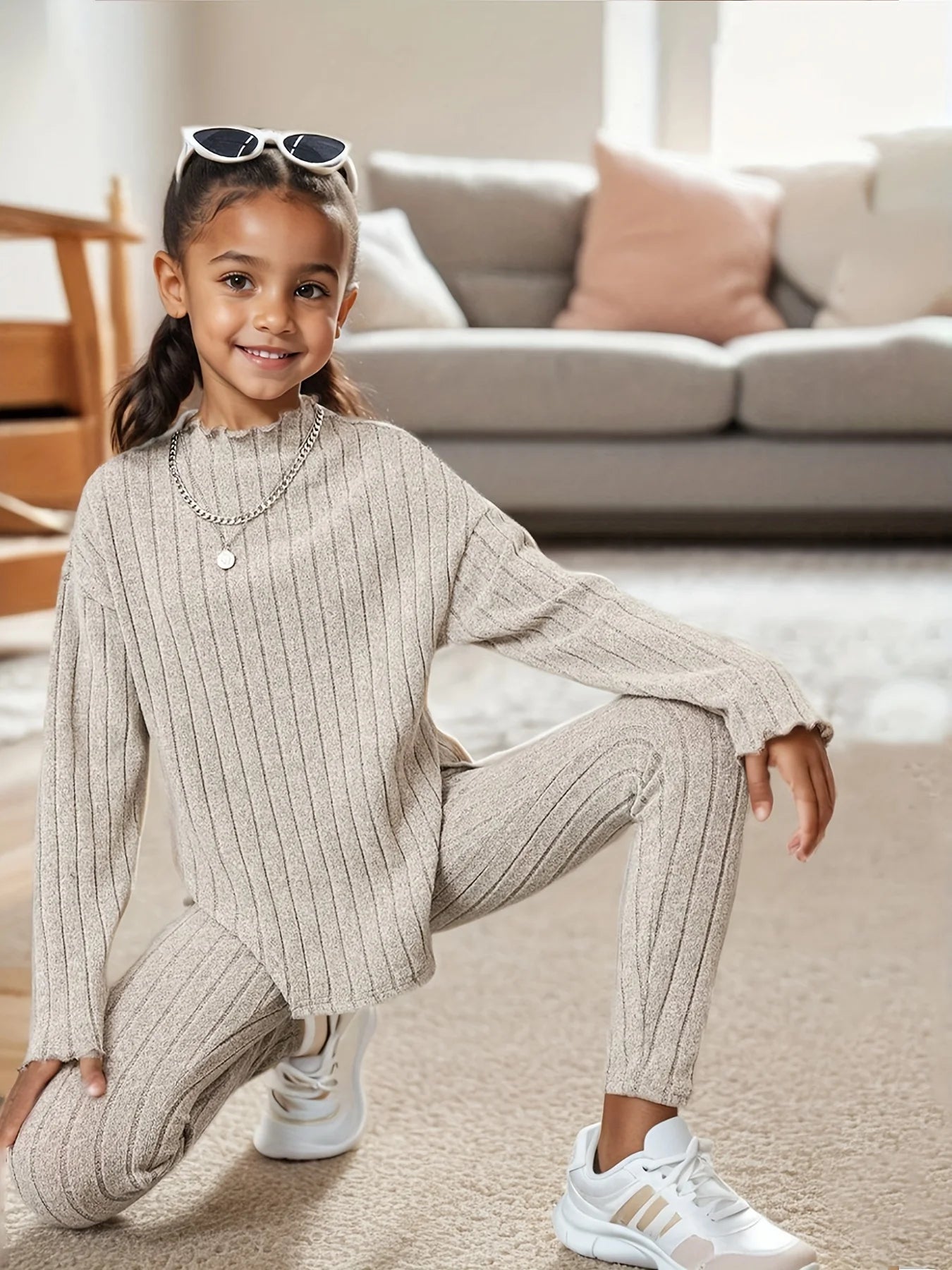 Children's Clothing Ins Girls Autumn Outfit Set Girls Long Sleeve Split Knit Top Skinny Pants Two-Piece Kids Fall Winter Solid Clothes