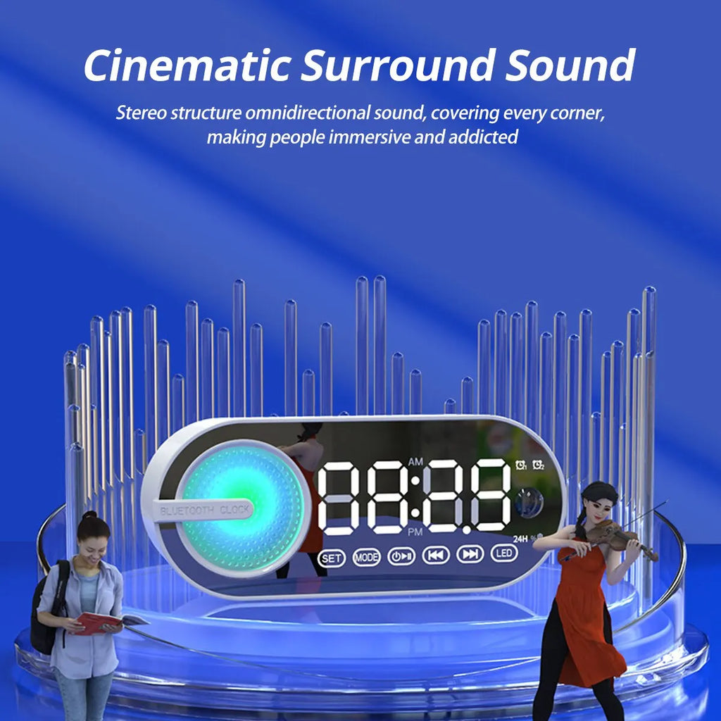 Mini Mirror Digital Alarm Clock Timer Rechargable Wireless Clock 2 Alarms FM Radio Wireless Speaker Subwoofer Desktop LED Clock