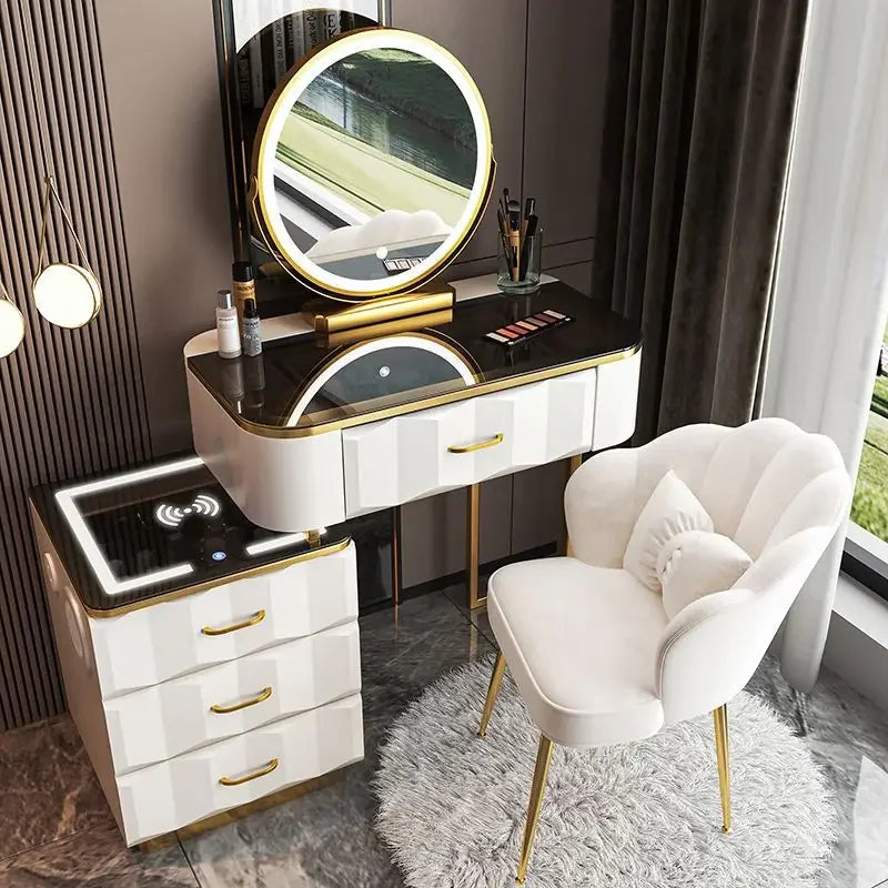 Makeup Vanity Desk with Wireless Charging Station and Bluetooth Speaker, Dressing Table with Tempered Glass Desktop,Vanity Set