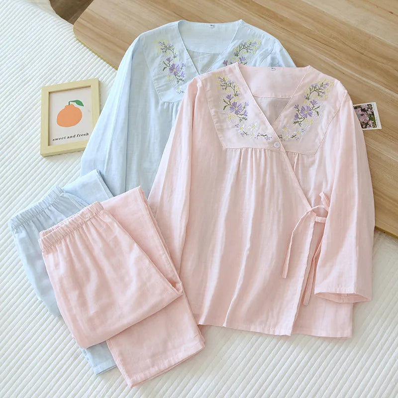 Women's Pajamas Gauze Cotton Loungewear Spring Summer V-Neck Sexy Sleepwear Embroidery Printed Trousers Pyjama Suit
