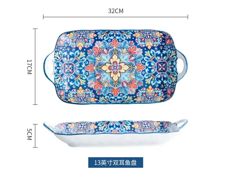 Bohemia Ceramic Rice Bowl Serving Plate Creative Ceramic Cutlery Soup Noodle Bowl Household Handle Bowl Sauce Dish
