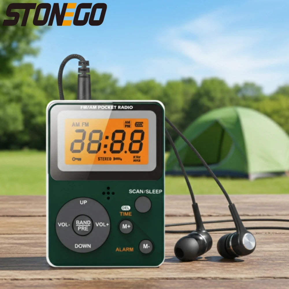Portable AM FM Radio - Personal Pocket Radio with LCD Screen, Stereo Earphone Jack, Sleep Timer, and Alarm Clock for Outdoor