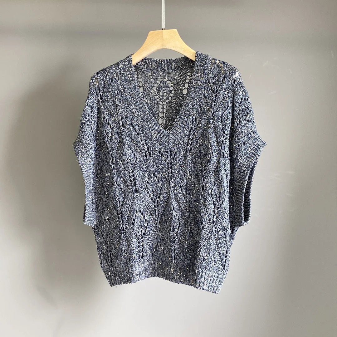 25 Spring And Summer New Women'S Hollow Diamond Grid Sequin Embroidery Knitted Sweater Bat Sleeve Thin V-Neck Top