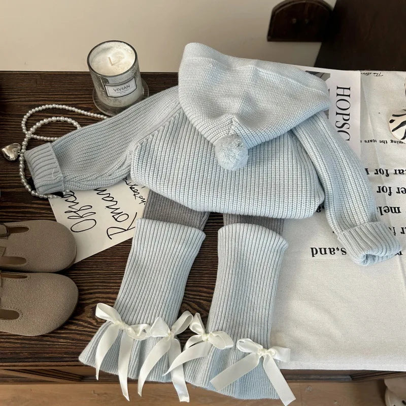 Korean-style Kids' Clothing 2025 New Autumn Girls' Hooded Knit Sweater with Yarn Leggings and Slouchy Socks Two-Piece Set Trendy
