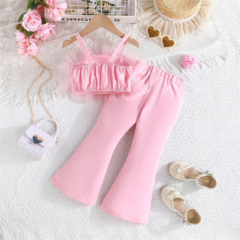 Children Clothing Summer Girls Pink Outfit Sets Lace Mesh Floral Crop Tube Tops+Flared Pants Kids Clothes Girls Elegant Sets