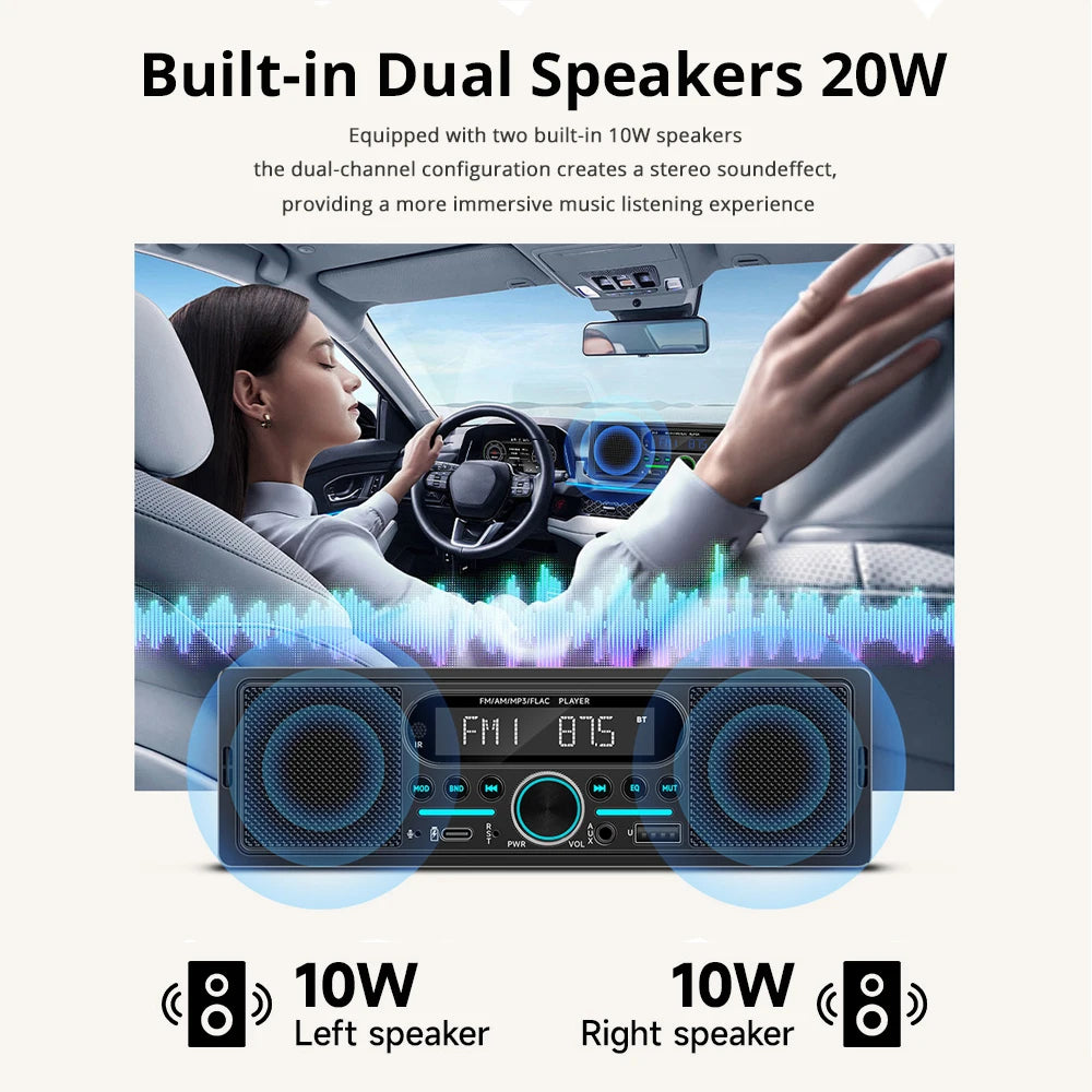 Car Radio 1Din MP3 Player Stereo Dual Bluetooth Built-in Speaker FM AM RDS AUX input USB EQ Type-C Charging Universal