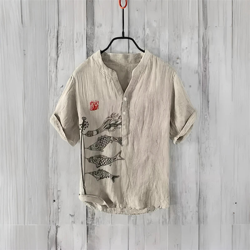 Spring and summer men's and women's shirts, fashionable shirts, casual fish pattern Hawaiian style printed shirts, linen tops