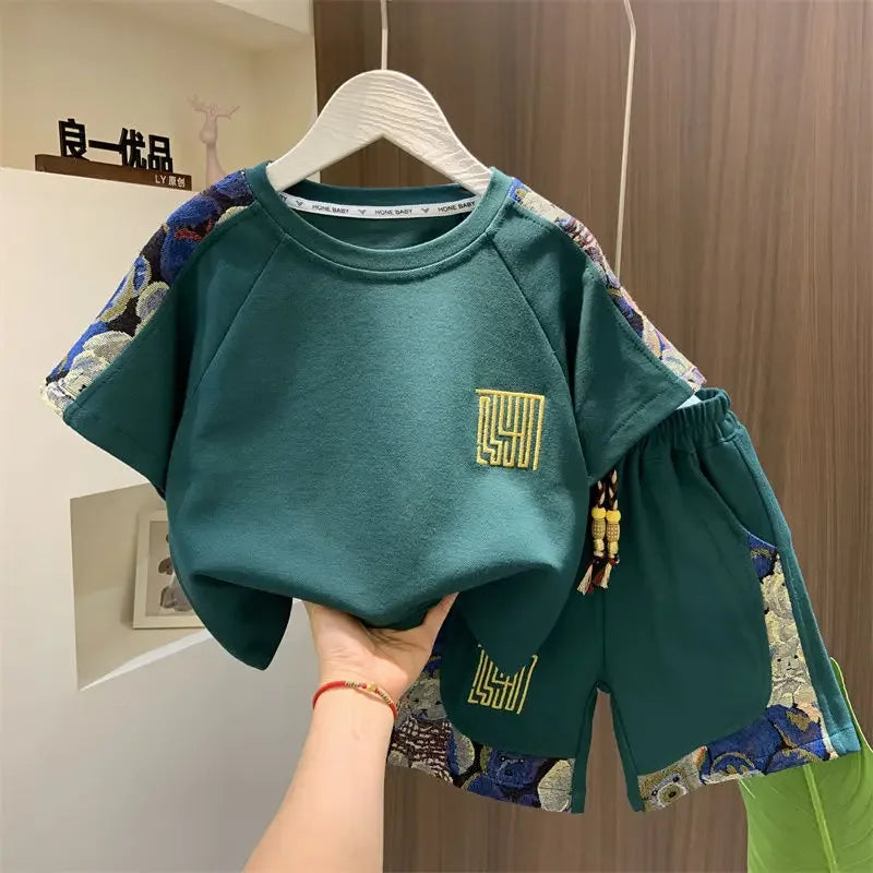 Kids Clothing 2pcs Sets Boys Grey Hole Short Sleeved T-shirt+ Denim Shorts Summer Suit 2025 New  Handsome Baby Clothes