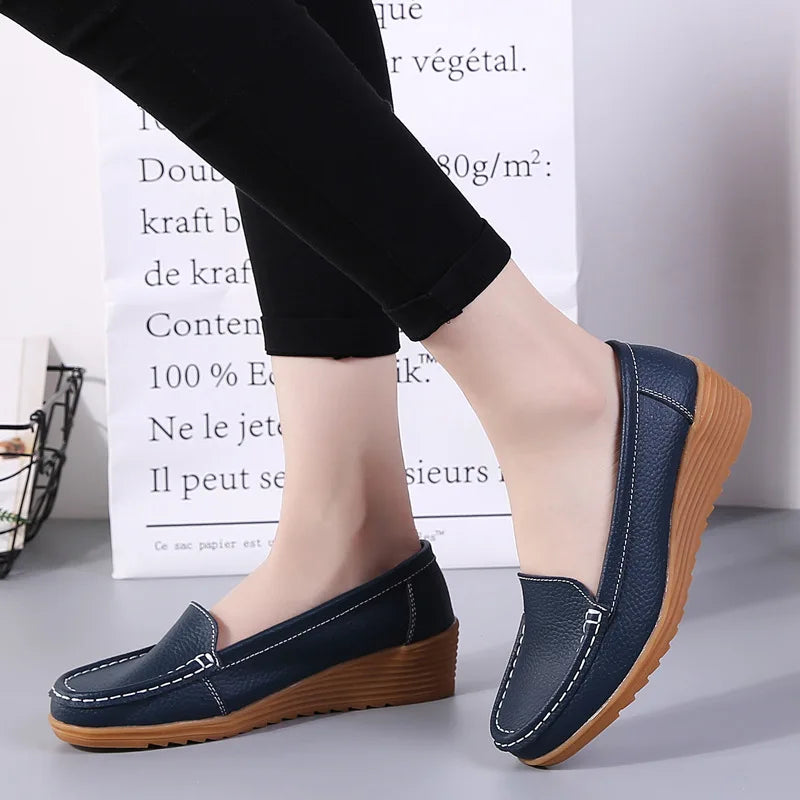 Women Shoes for Work Wedge Low Heels Casual Shoes Woman Slip-on Spring Autumn Genuine Leather Comfortable Female Shoes WSH2693