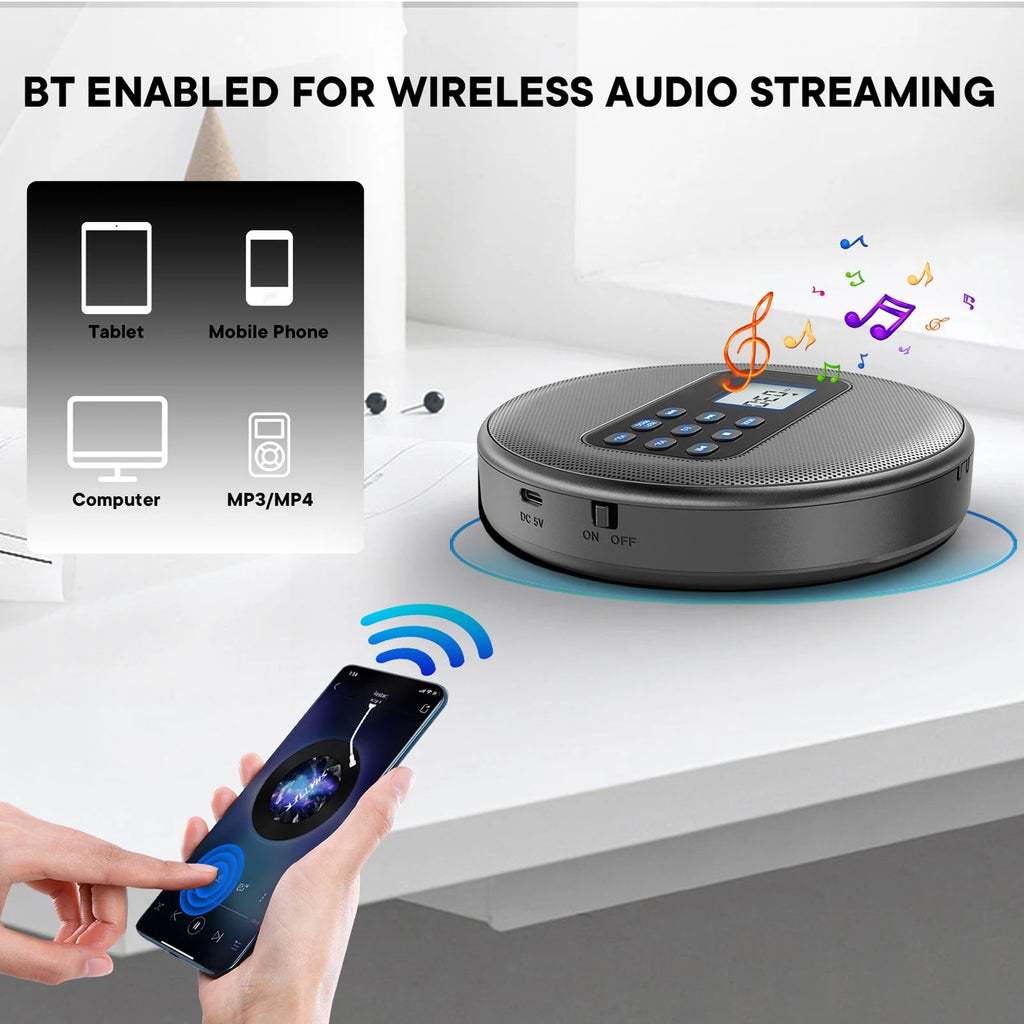 Portable CD Player Portable CD Player Rechargeable Stereo 3.5mm Cable Double Speakers Bluetooth CD CD-R MP3 Music Disc Player