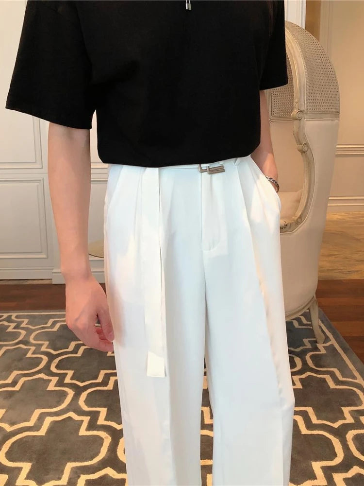 White Trousers For Men Baggy With Belt Wide Leg Elegant Spring Clothes Man Suits Pants Clothing Promotion Hot Fabric Summer 2025