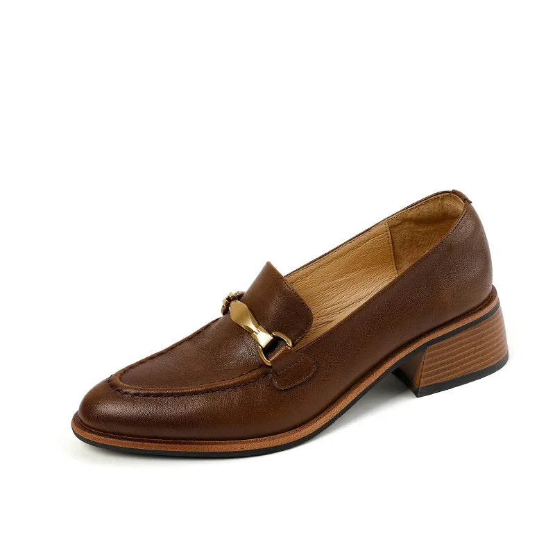 Basic Women Pumps Spring Summer High Heel Round Toe Buckle Genuine Leather Office Lady Working Loafers Shoes Woman 2025 New