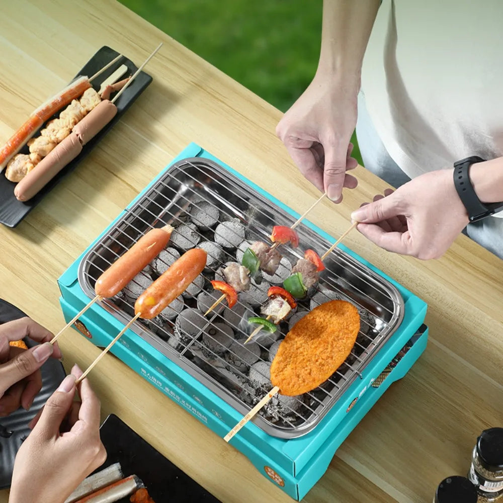 Household Disposable Barbecue Grill Smokeless Anti-scalding Shell BBQ Grill Rectangular with Brush Charcoal Grill Outdoor