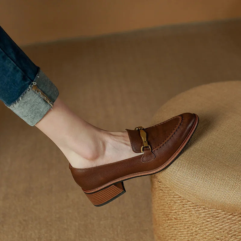 Basic Women Pumps Spring Summer High Heel Round Toe Buckle Genuine Leather Office Lady Working Loafers Shoes Woman 2025 New