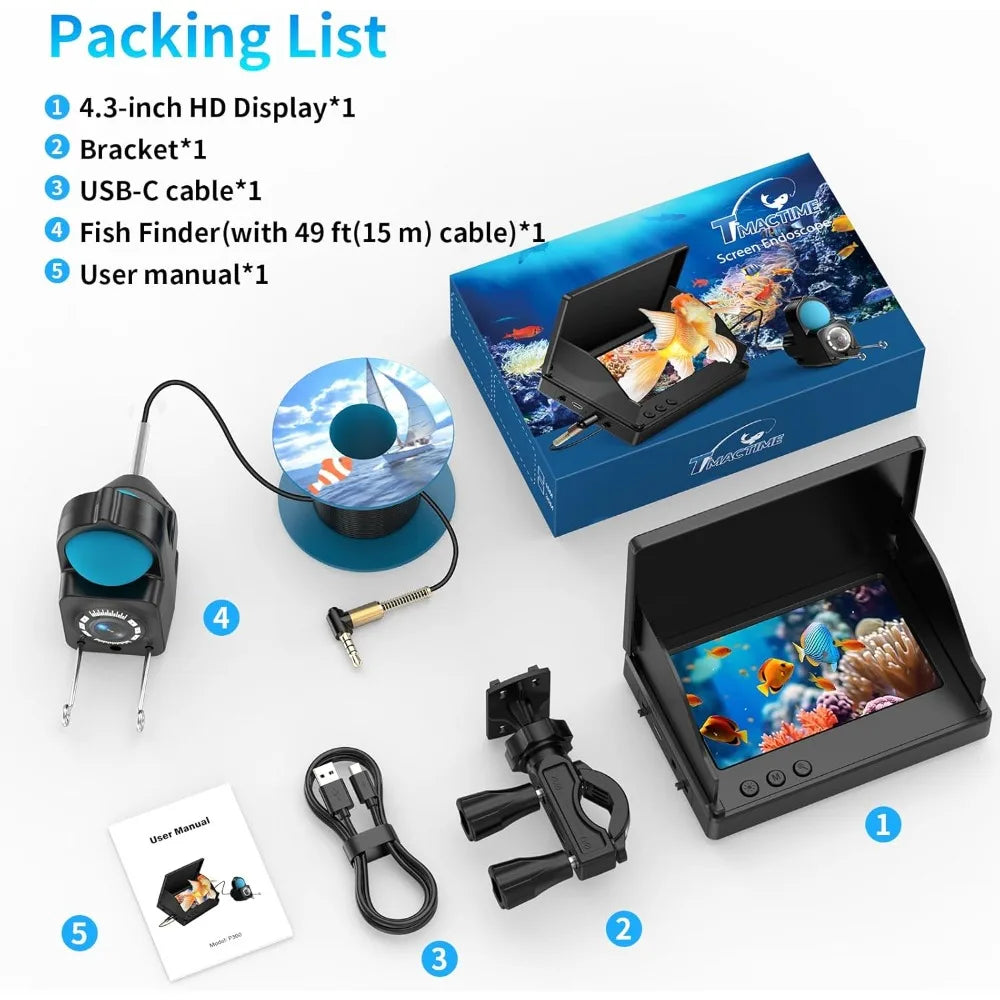 Portable Fish Depth Finder Handheld 1080P 4.3 Inch LCD Fish Finder IP68 Waterproof Underwater Fishing Camera with Night Vision