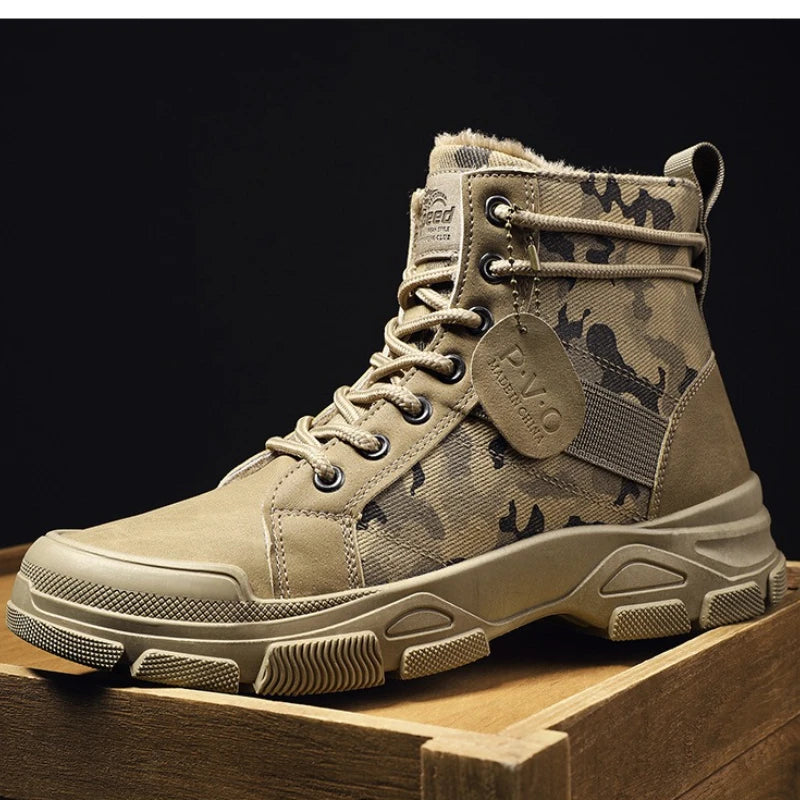 Mens Camouflage High Top Work Boots Comfortable Sneakers Outdoor Hiking Shoes Thick Sole Non-Slip Durable Lace-Up Platform Boots