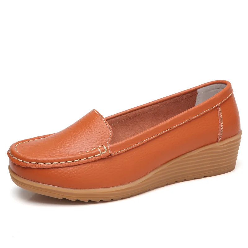 Women Shoes for Work Wedge Low Heels Casual Shoes Woman Slip-on Spring Autumn Genuine Leather Comfortable Female Shoes WSH2693