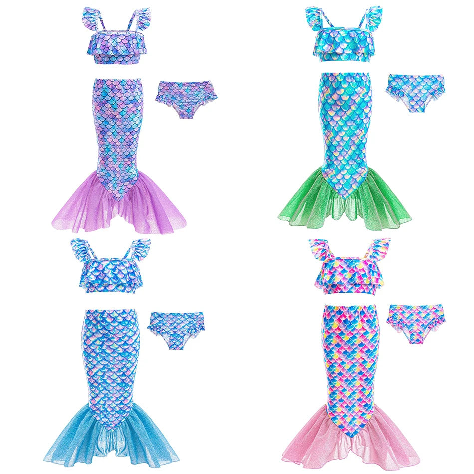 Girls Mermaid Swimsuits Summer Holiday Beach Wear Children 3 Pcs Fishtail Print Swimwear Kids Princess Quick Drying Sets 2-8 Yrs