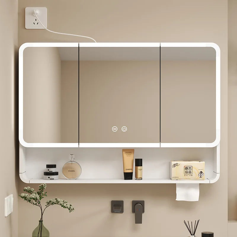 Bathroom Mirror Smart Storage Cabinet LED Light Wall Mounted Rounded Corner Anti Fog Furniture Vanity Mirror Medicine Cabinet