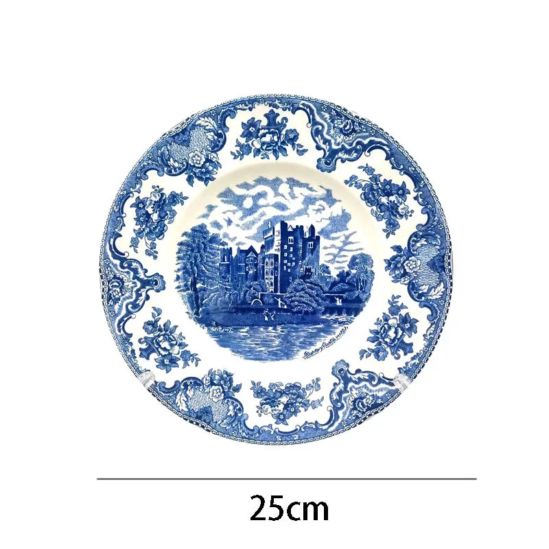 Palace Blue Castle Glaze In Color Ceramic Plate American Classic Painted Coffee Cup with Tray Afternoon Tea Cake Dessert Plates