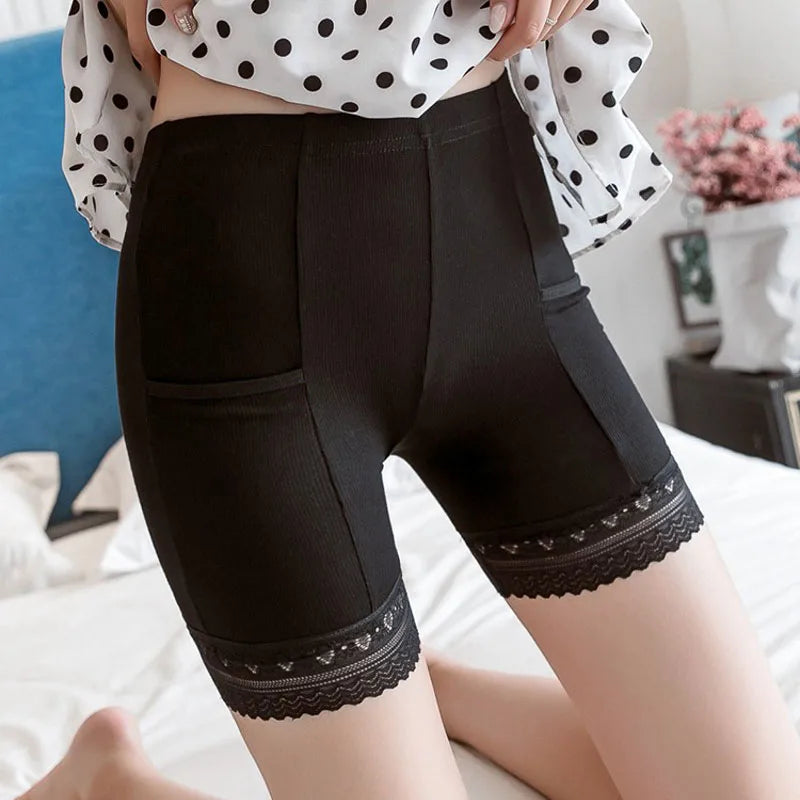 Summer Seamless Underwear With Pocket Shorts Women's Safety Pants Ladies Shorts With Lace Plus Big Size Safety Pants For Women