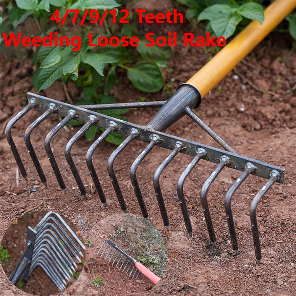 4/7/9/12 Teeth Weeding Hoe Rake Farm Tool Weeding Scarifier Artifact Agricultural Nail Harrow Carbon Steel Garden Weeding Tools