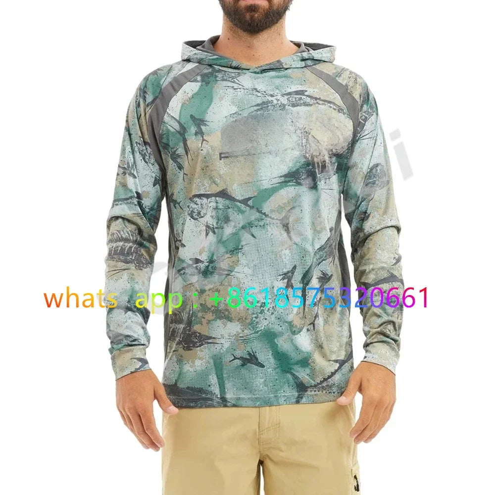 Fishing Apparel Summer Outdoor Men Long Sleeve T Shirt Fish Shirt Sun Protection Breathable Hooded Angling Clothing