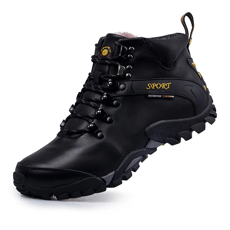 Mens Hiking Boots Leather Comfort Outdoor Anti Slip Trekking Shoes Super Warm Winter High Top Lace Up Casual Snow Boots for Men