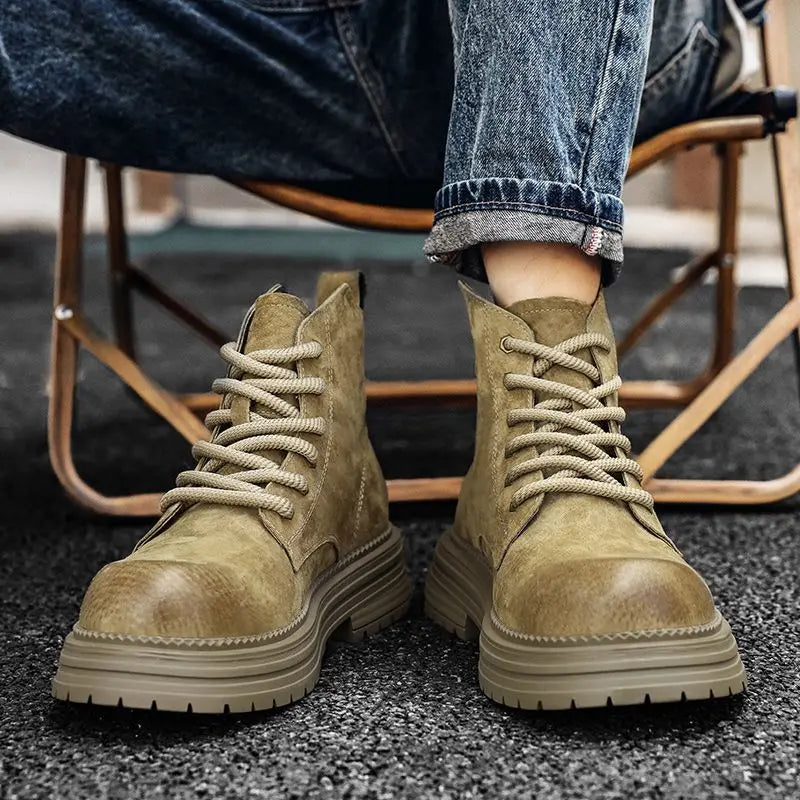 Outdoor Leather Mens Ankle Boots Fashion High Top Men's Casual Shoes British Style Male Work Boots Lace-up Walking Hiking Shoes