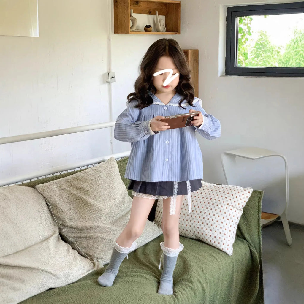 Korean Children's Clothing Girls' Shirt for Spring and Summer 2026 Blue Stripe Long Sleeved All-match Kids Shirt