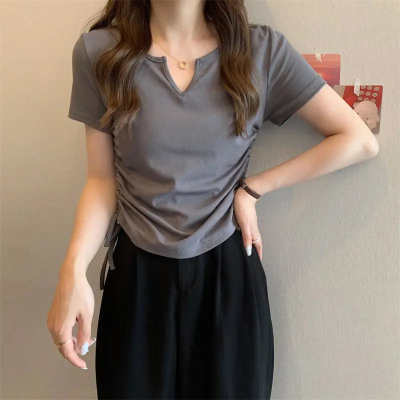Summer Korean Fashion Y2K T-shirt Woman V-neck Drawstring Tee Shirt Femme Sexy Short Sleeve Clothes Women Kpop Crop Tops 90S