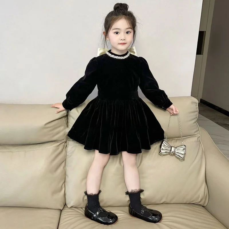 2-7Y Korean Childrens Clothing 2025 Autumn New Black Bow Velvet Dress Girl Princess Dress Girls clothes kids Clothes