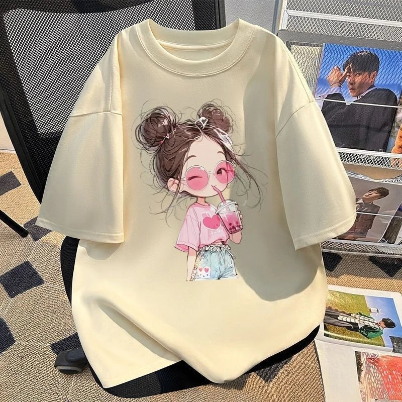 Cute Girls Pure Cotton Printed Short Sleeve T-Shirt Crew Neck Kids Summer Casual Top Big Middle Child Breathable Trendy Tee