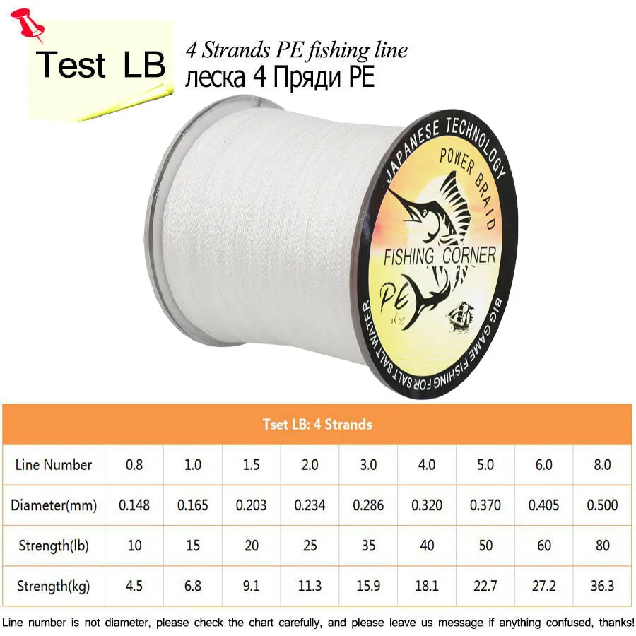 Braid Fishing Line 500M 4 Strands Multifilament Fishing Wire 10LB-80LB White Carp Fishing Line Trout Line