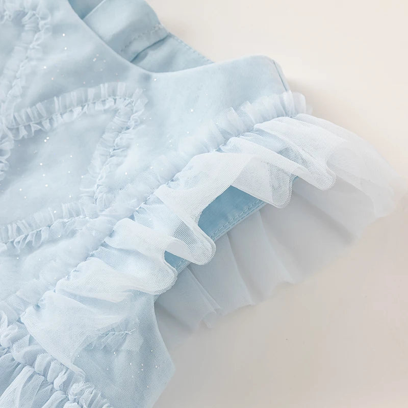Dave Bella Girl's Princess Dress 2025 New Summer Children's Baby Sleeveless Blue Mesh Layered Dress Cute Sweet Party DB2240502