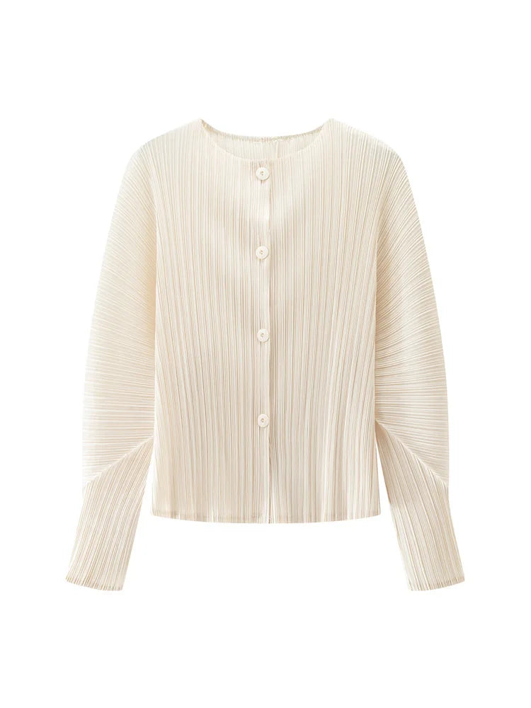 Miyake Pleated Solid Color Round Neck Cardigan Short Jacket for Women Long Sleeve Spring 2025 New Fashionable Age-reducing Top