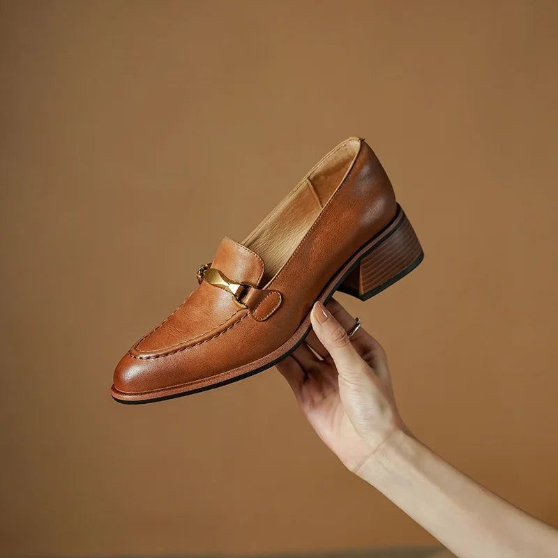 Basic Women Pumps Spring Summer High Heel Round Toe Buckle Genuine Leather Office Lady Working Loafers Shoes Woman 2025 New
