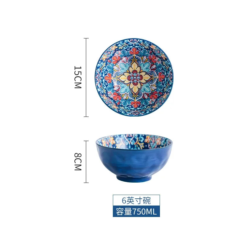 Bohemia Ceramic Rice Bowl Serving Plate Creative Ceramic Cutlery Soup Noodle Bowl Household Handle Bowl Sauce Dish