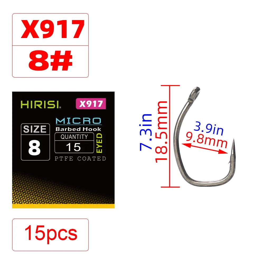 Hirisi 15pcs Carp Fishing Hooks With Eye Micro Barb High Carbon Steel Fish Hooks PTFE Coated X917 Fishing Accessories