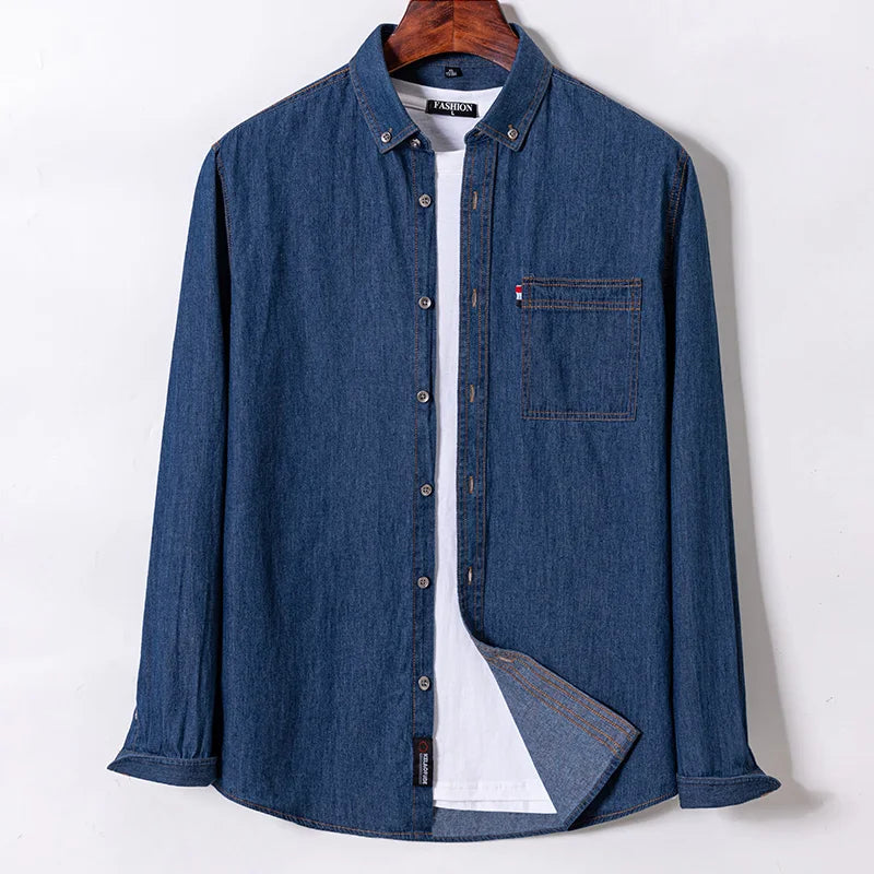 New Jeans Shirts Men Cotton Long Sleeve Button Front Pocket Casual Street Wear Slim Fit Denim Dress Spring Autumn Youth Clothing
