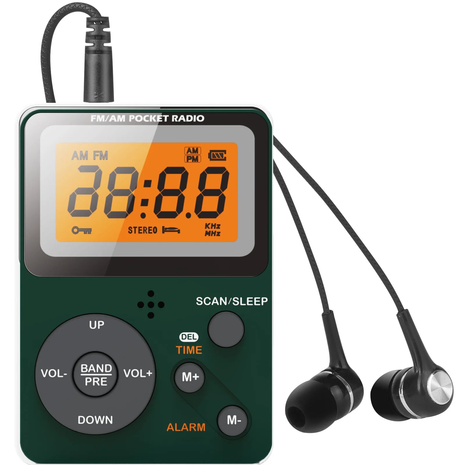 Portable AM FM Radio - Personal Pocket Radio with LCD Screen, Stereo Earphone Jack, Sleep Timer, and Alarm Clock for Outdoor