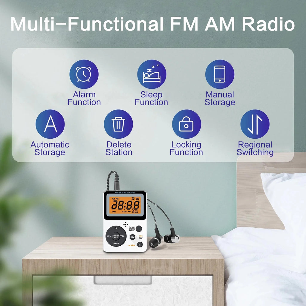 Portable AM FM Radio - Personal Pocket Radio with LCD Screen, Stereo Earphone Jack, Sleep Timer, and Alarm Clock for Outdoor